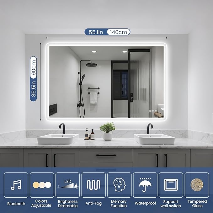 STARLEAD 55"x36" LED-Bathroom-Mirror-with-Lights, Wall-Mounted with Bluetooth Speaker, Anti-Fog, 3 Color Temperature, Dimmable Brightness, Waterproof, Tempered Glass, Frontlit & Backlit