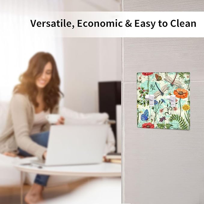 Dragonflies Flowers Butterfly 2 Gang Double Toggle Outlet Light Switch Cover Decorative Wall Plate Cover For Home Living Bedroom Kitchen Decorative