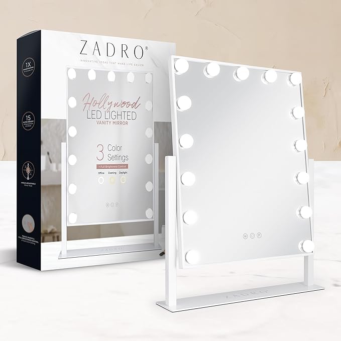 Zadro Hollywood Lighted Vanity Mirror with 15 LED Bulbs, 3 Color Light Settings, 360° Rotation Makeup Mirror Head (21" H x 18" W | 1X | Chocolate)
