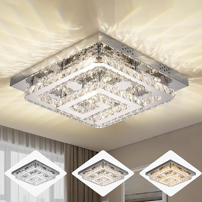 25" Modern Crystal Chandelier with Remote/App Control, Dimmable Flush Mount Ceiling Light Fixture, 3-Color Temperature, Led Ceiling Lamp for Living Room Bedroom Kitchen Dining Room Entryway