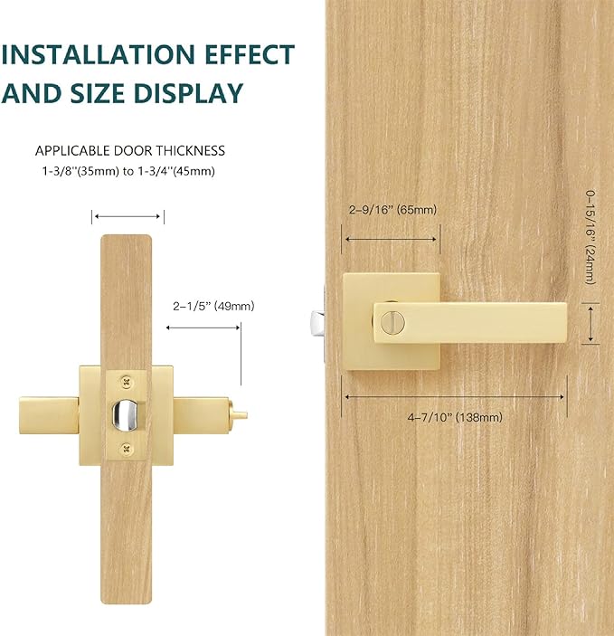 2 Pack Heavy Duty Bathroom Door Handle, Square Stain Brass Privacy Gold Door Locks,Interior Door Knob Locked Inside with Turn Thumb Left/Right Handed Reversible,Keyless