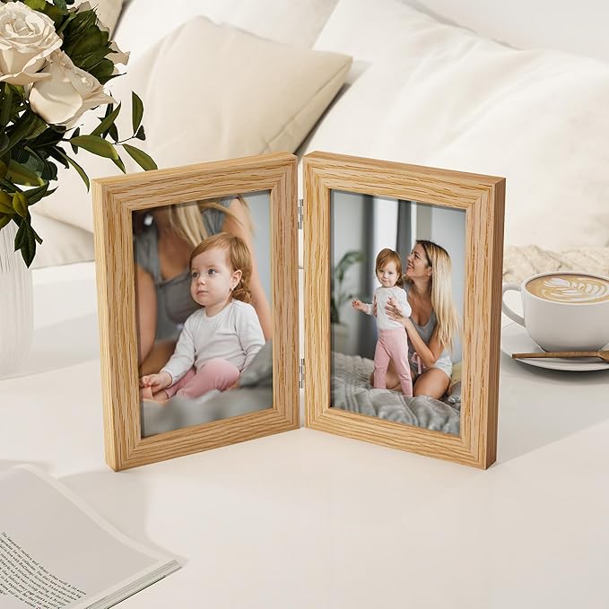 Axeman 4x6 Double Picture Frame - Solid Oak Wood Vertical Hinged 4x6 Photo Frame 2 Opening Folding Family Frames Collage With Real Glass for Tabletop Display, Hanging Hardware Included | Natural