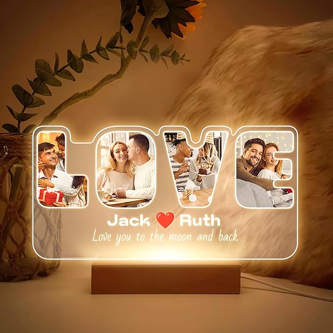 Custom Picture Frames with Photo, Personalized Photo Frame with Night Light, Customized Picture Frame, Personalized Anniversary Valentines Day Gifts for Women Men Her Him Girlfriend Boyfriend Couple