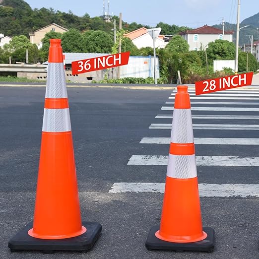 28 Inch Traffic Cones (8 Pack),Heavy-Duty PVC Construction Cones with Weighted Black Base for Road Safety,Orange Safety Cones with Reflective Collars for Parking & Driver Training