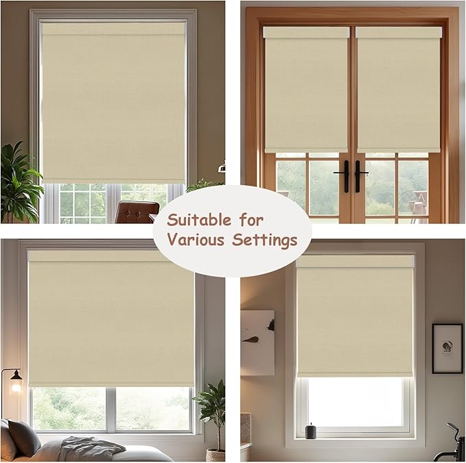 Motorized Roller Blinds with Remote, 100% Blackout Automatic Roller Shades for Bedroom, Bathroom, and Living Room, Customized Size, Morning Beige