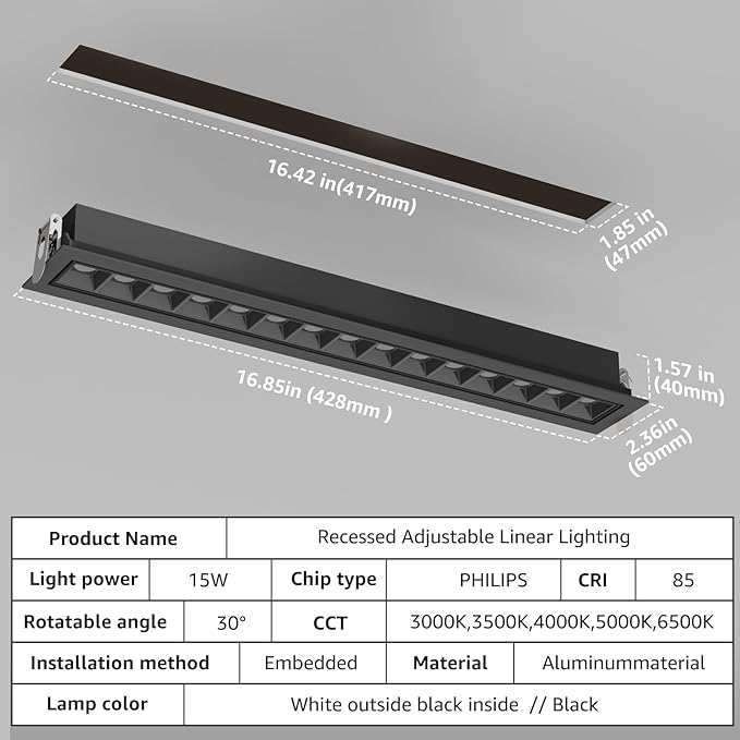 LED Linear Recessed Spotlight, Black Aluminum Recessed Grille Spotlight with Junction Box, Dimable 5 CCT 3000K-6500K, TRIAC Dimming Lighting for Living Room Kitchen Bedroom Hallway