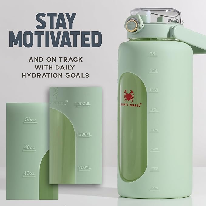 64 oz Glass Water Bottle with Straw Time Marker Half Gallon Motivational Tracker Bottles Large 2 Liter Drinking Jugs Big 2l Jug with Measurements Light Green