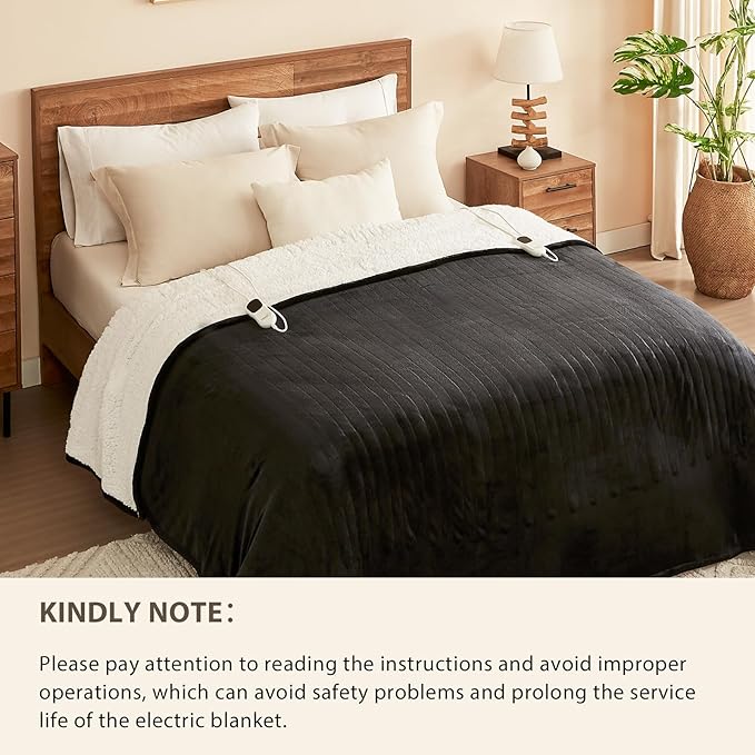Homemate Heated Electric Blanket Queen Size - 84"x90" Heating Bed Blanket Throw with 10 Heating Levels 8 Hours Auto Off Fast Heating Over-Heat Protection Ultra Soft Flannel ETL Certified, Black