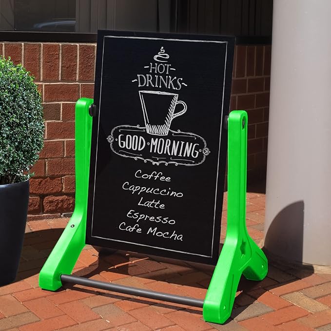 Swinging Changeable Message Sidewalk Sign: 24" x 36" Sign with 792 Pre-Cut Double Sided Letters and Storage Box. Includes Black Board & Letter Board (Green Color Legs)