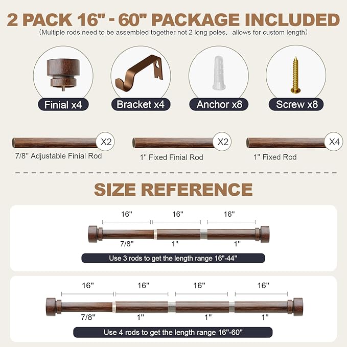 2 Pack Antique Redwood Grain Curtain Rods for Windows 28 to 48 Inches 1" Diameter Heavy Duty Window Curtain Rod Adjustable with Solid Finials for Living Room Bedroom Kitchen Farmhouse Outdoor