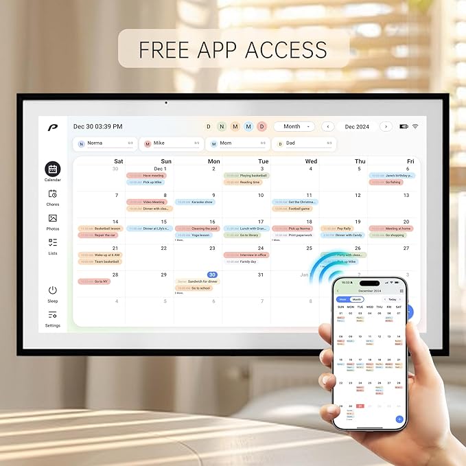 Digital Calendar, 15.6 inch Wall Planner & Chore Chart, Rechargeable Full HD Touchscreen Display, Portable Smart Family Organizer, Event Planner, Desk and Wall mountable, No Subscription, Christmas Gifts for Dad Mom