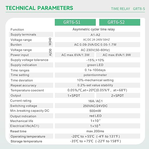 Asymmetric Cycle Timer Relay 2SPDT AC 230V 10A Long or Short Period Repeat Cycle Tntermittent Timer Electronic Relay in Din Rail (GRT6-S2 AC 230V)