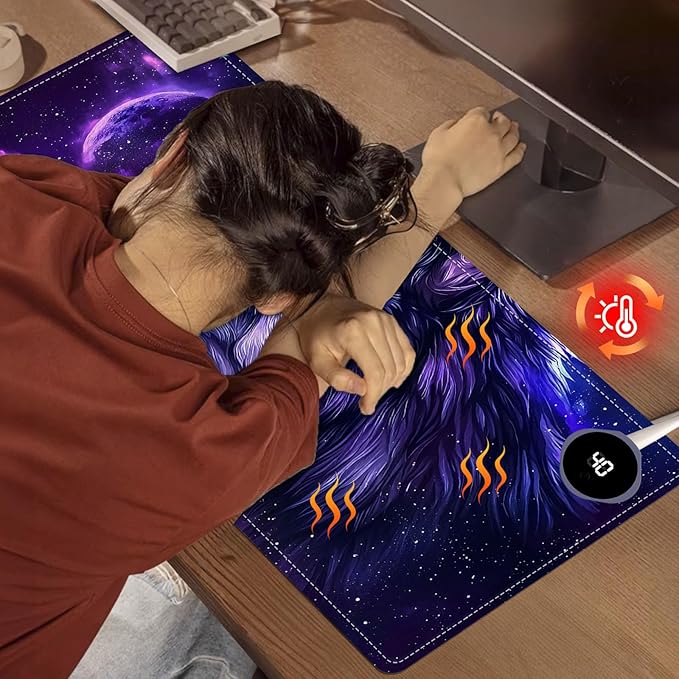 Heated Mouse Pad, Warm Desk Pad, Keyboard Mat 31.5 x 13 Inch Large Size Intelligent Fast Heating, 3 Speed Adjustable, Timed Auto Power Off for Game Office Home,Galaxy Wolf