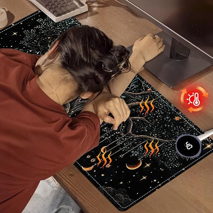 Heated Mouse Pad 31.5x13 in 3-Temp Fast Heating Desk Mat with Auto Timer Warmer for Hands Wrist Pain Relief Waterproof Keyboard Mat for Office, Gaming, Home, Moonlit Tree Art