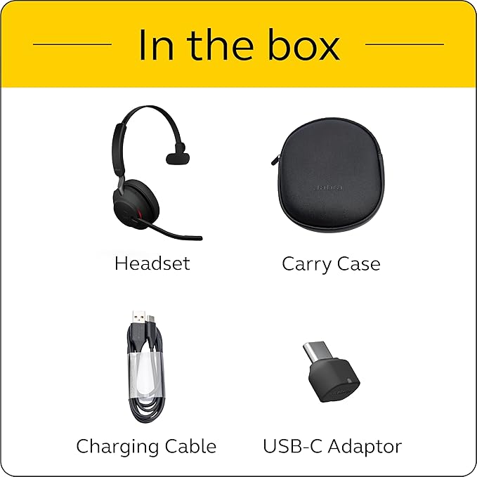Jabra Evolve2 65 MS Wireless Headset with Link380c, Mono, Black – Wireless Bluetooth Headset for Calls and Music, 37 Hours of Battery Life, Passive Noise Cancelling Headphones