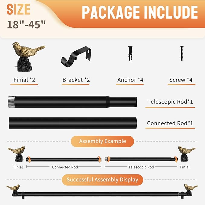 Decorative Black Curtain Rod 18 to 45 Inches Adjustable Drapery Rod with Bird Finials Heavy Duty Curtain Rods for Windows Living Room Kitchen