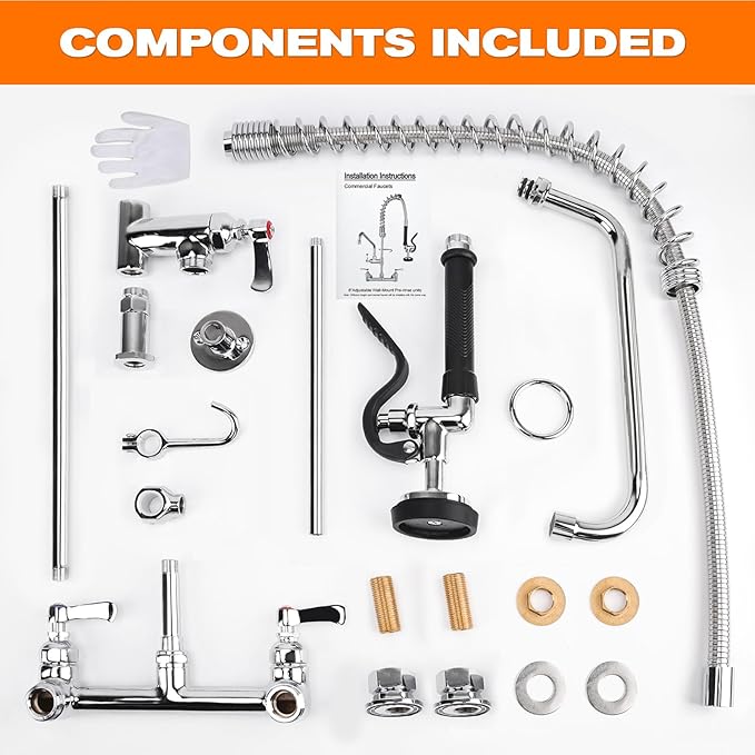 36" Height Commercial Faucet with Sprayer, 8" Adjustable Center & 12" Add-on Swing Spout, Wall Mount Pre Rinse Commercial Sink Faucet for Restaurant Industrial Kitchen