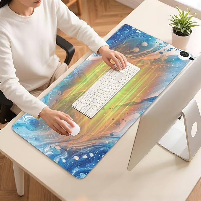 Heated Desk Pad Mouse Pad 31.5x13 Inch PU Leather Desk Mat with 3 Heat Levels Large Mouse Gaming Computer Laptop Mat Blue and White Marble Spots