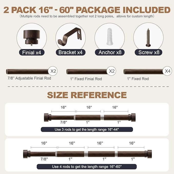 2 Pack Deep Walnut Wood Grain Curtain Rods for Windows 28 to 48 Inches 1" Diameter Heavy Duty Window Curtain Rod Adjustable with Solid Finials for Living Room Bedroom Kitchen Farmhouse Outdoor