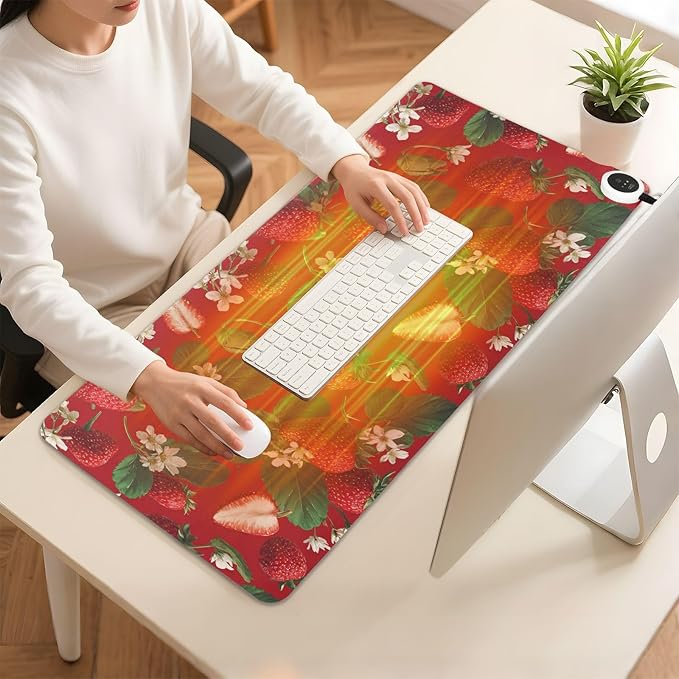 Heated Desk Pad Mouse Pad 31.5x13 Inch PU Leather Desk Mat with 3 Heat Levels Large Mouse Gaming Computer Laptop Mat Red Strawberries Flowers