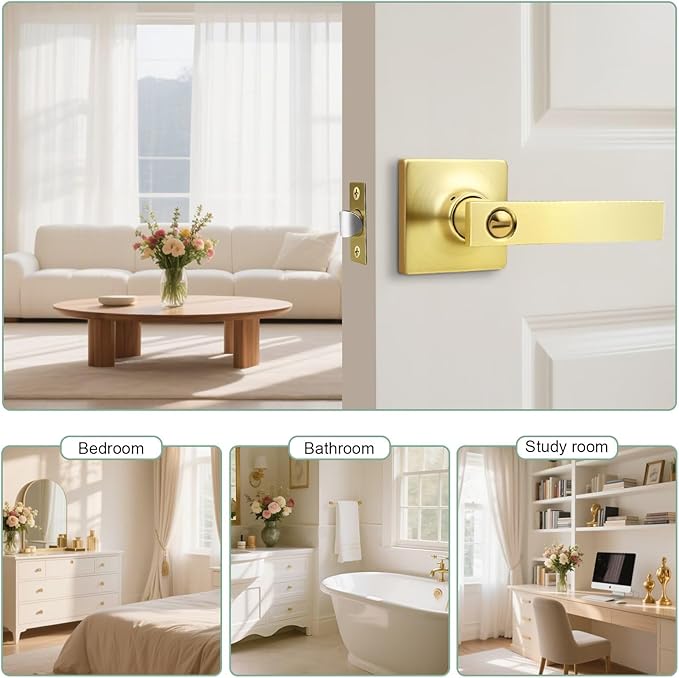 GOBEKOR 2 Pack Gold Door Handles Interior,Heavy Duty Privacy Door Levers with Lock,Sleek Round Interior Door Handles for Bedroom and Bathroom with No Key