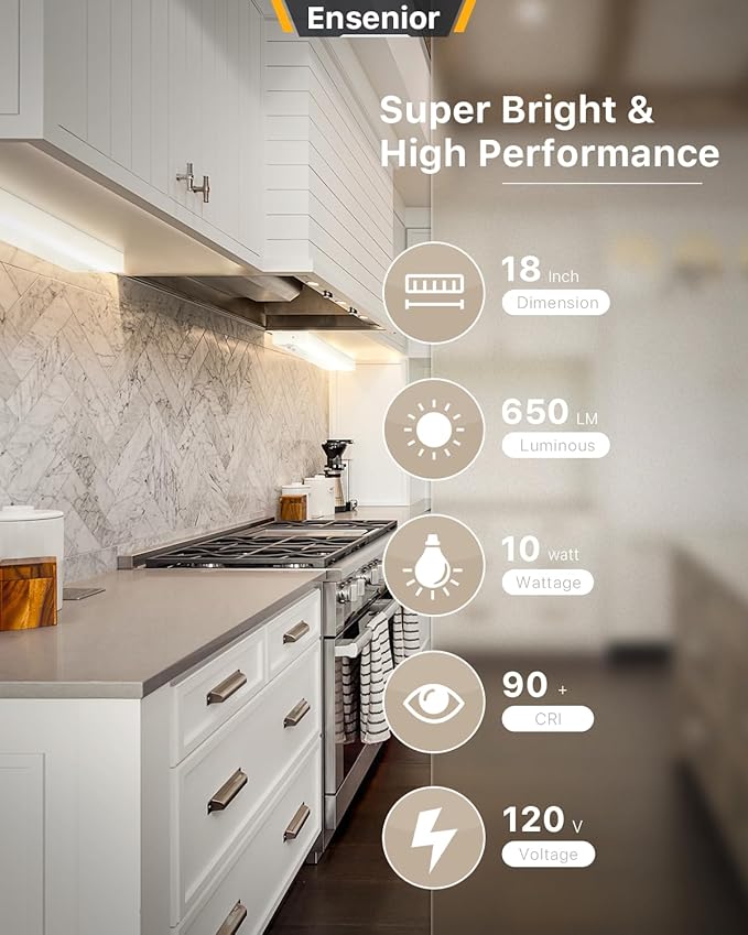 Ensenior 18 Inch LED Under Cabinet Lighting Hardwired, 5CCT, 10W 650LM, 2700K/3000K/3500K/4000K/5000K, Wired Under Cabinet Lights, Dimmable Under Counter Lights for Kitchen, FCC, 1 Pack