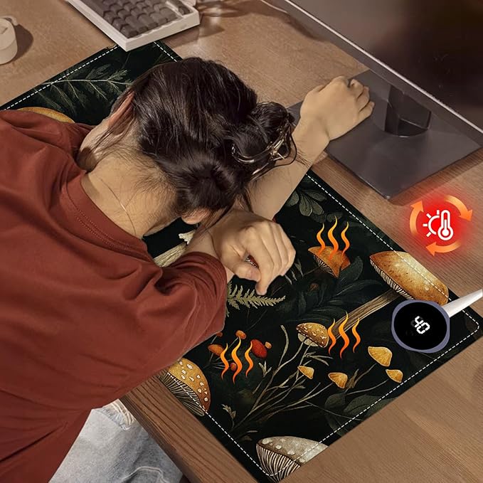 Heated Mouse Pad 23.6 x 14 in 3-Temp Fast Heating Desk Mat with Auto Timer Warmer for Hands Wrist Pain Relief Waterproof Keyboard Mat for Office, Gaming, Home, Mushroom Forest