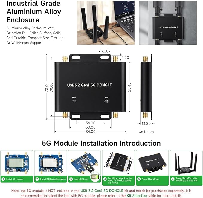 5G DONGLE Expansion Board, USB 3.2 Port, M.2 Key B Interface, Quad Antennas, Aluminum Alloy Case, with Qualcomm RM520N-GL 5G Sub-6G Module, Global Applicable @XYGStudy (RM520N-GL 5G DONGLE (B))
