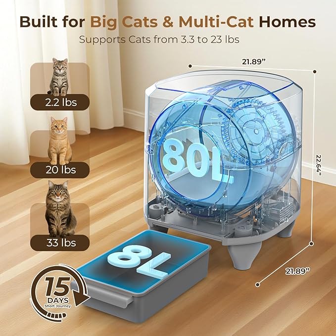 OROLEY Self Cleaning Litter Box, Large Capacity Automatic Cat Litter Box with APP Control, Safety Sensors, Built-in Deodorizing Scent Box, and 1 Roll Garbage Bags ,White