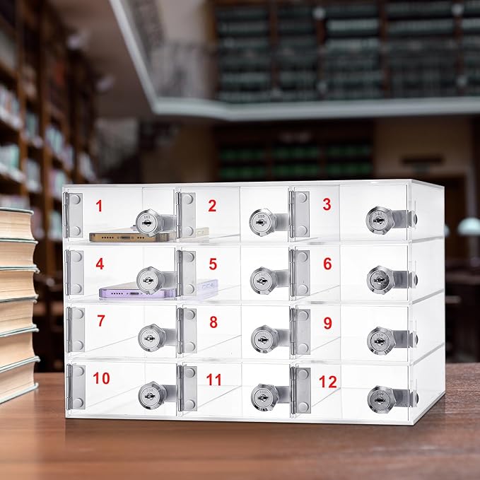Layhit 12 Slots Cell Phone Locker Box for Classroom Clear Acrylic Cell Phone Storage Cabinet Bin with Door Locks for Classroom School Students Office Factory Employees
