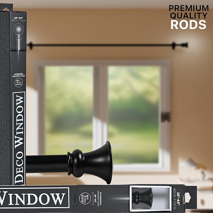 Deco Window Adjustable Curtain Rod for Windows 18 to 44 Inch (Pack of 1) Extendable Heavy Duty 1 Inch Iron Drapery Pole with Finials Wall Mounted French Door Curtain Rods (Black)