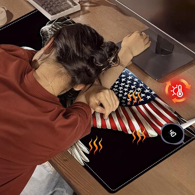 Heated Mouse Pad, Warm Desk Pad, Keyboard Mat 31.5 x 13 Inch Large Size Intelligent Fast Heating, 3 Speed Adjustable, Timed Auto Power Off for Game Office Home,Soaring American Flag Eagle