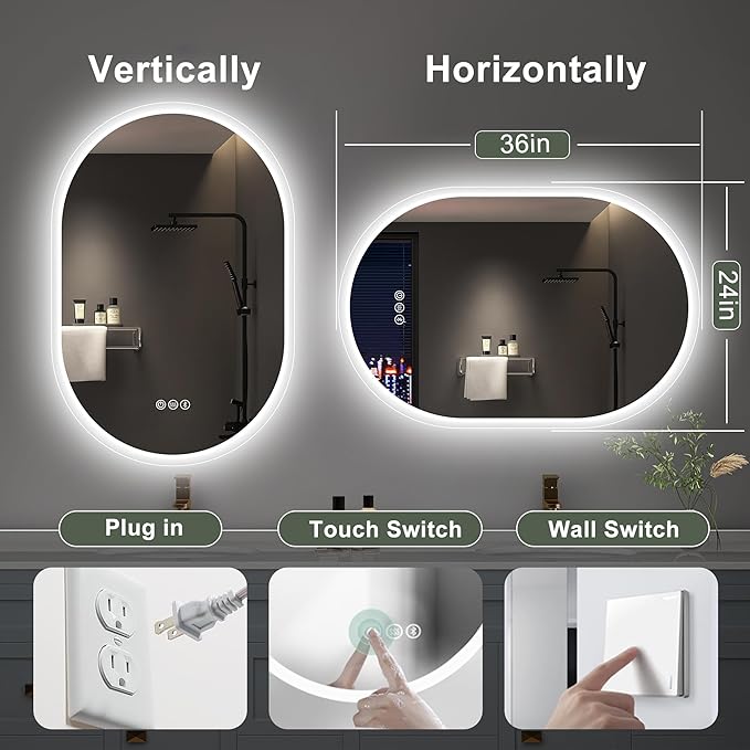 S'bagno 2pcs 24x36 Oval LED Bathroom Mirror with Lights, Anti-Fog, Bluetooth Speaker, 3 Colors Temperature & Dimmable, Lighted Mirrors for Bathroom Wall with Memory Function, Waterproof, Shatter-Proof