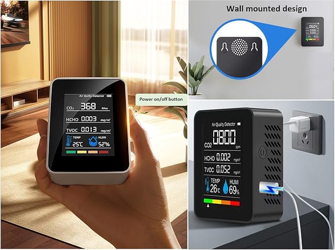 Indoor Air Quality Monitor, Professional Portable Detector & Accurate CO2, TVOC, HCHO, Humidity& Temperature Particle Counter, for Home, Office, Plants and Pets, 5-in-1 Air Detector