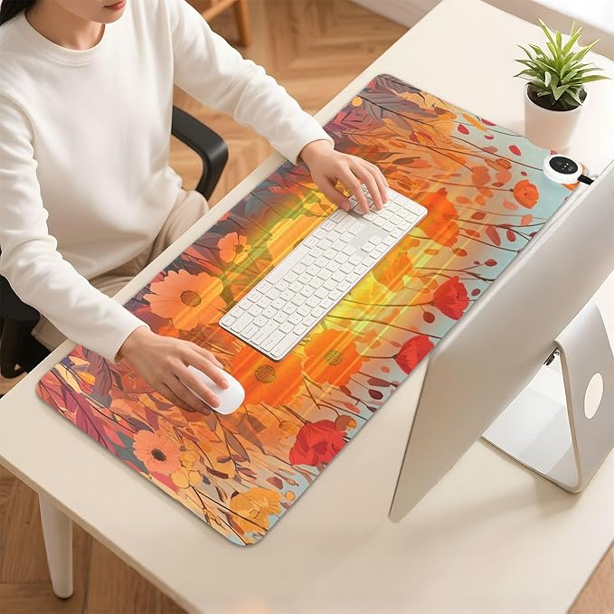 Heated Desk Pad Mouse Pad 31.5x13 Inch PU Leather Desk Mat with 3 Heat Levels Large Mouse Gaming Computer Laptop Mat Autumn Poppy Flowers