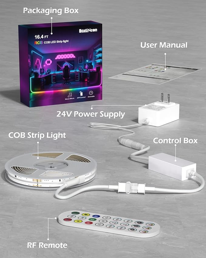 RGB COB LED Strip Light, 16.4ft Led COB Light Strip with Remote, Dimmable Smart App, Color Changing Music Sync, Smart Indoor RGB Led Lights for Bedroom, Home Decor, Party