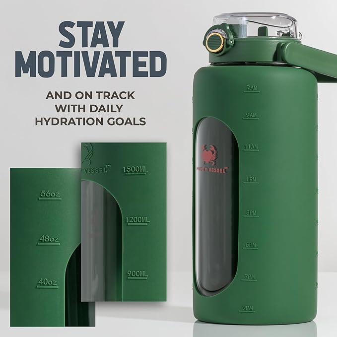 64 oz Glass Water Bottle – Olive Green | Leakproof Borosilicate Glass Jug with Straw, Time Marker & Silicone Sleeve – Hydration for Gym, Sports, Daily Use
