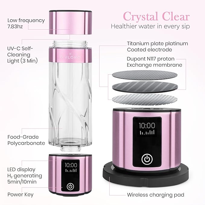 D’VLORO Hydrogen Bottle – Portable 10 OZ H₂ Infuser Hydrogen-Water-Bottle with UV Light – Electric Water Bottle 7.83Hz Tech, Wireless Charging Pad, 5-10 Min Cycles, Up to 4000+ PPB Concentration