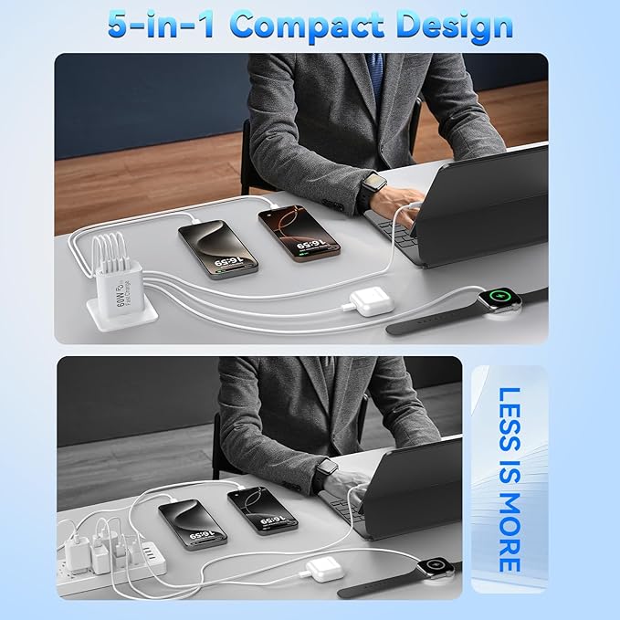 USB C Fast Charger Block, 60W 5-Port USB C Wall Charging Blocks, Type C Chargers Fast Charging Brick, 3USB C+2USB A PD&QC3.0 Multiport Charger Plug for Phone 17/16/15/14/13 Pro Max, White+Purple