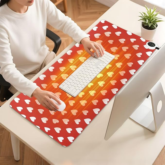Heated Desk Pad Mouse Pad 31.5x13 Inch PU Leather Desk Mat with 3 Heat Levels Large Mouse Gaming Computer Laptop Mat Red Heart Valentine