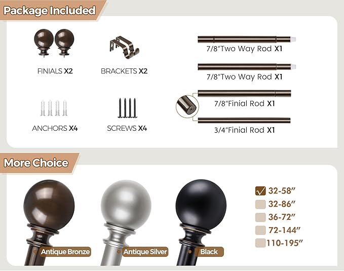KAMANINA Curtain Rods 32 to 58 Inches (2.6-4.8ft), Antique Bronze Single Curtain Rod for Windows, 7/8 Inch Decorative Drapery Rod with Round Finials