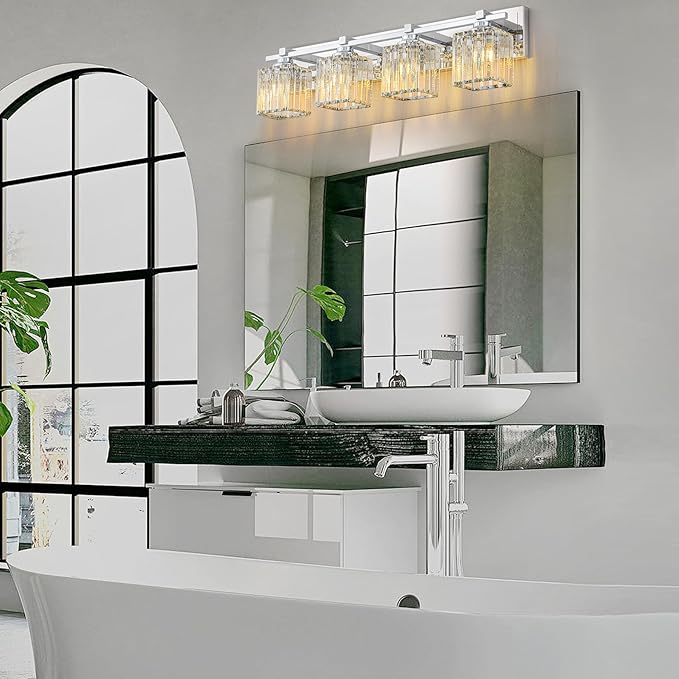 Crystal Bathroom Light Fixtures, 4 Light Chrome Vanity Lighting Over Mirror with Crystal Shades, Modern Bathroom Vanity Light for Restroom, Bath, Cabinet and Powder Room