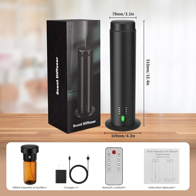 Waterless Scent Essential Oil Diffuser for Hotel,Whole House,Large Room, Office,Home,200ML Large Capacity, Covering 1500 Square feet (Black-A)