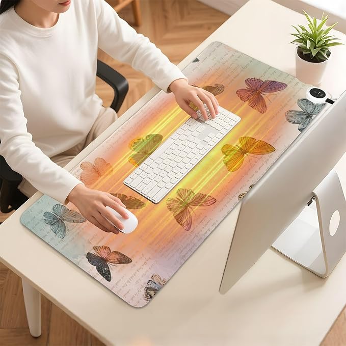 Heated Desk Pad Mouse Pad 31.5x13 Inch PU Leather Desk Mat with 3 Heat Levels Large Mouse Gaming Computer Laptop Mat Vintage Beige Butterflies