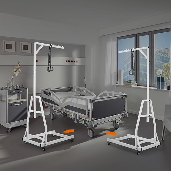 Trapeze Bar for Bed Mobility, Heavy Duty Pull Up Assist Bar with Floor Stand, 5Ft-7Ft Height Adjustable Trapeze Bar, Medical Patient Mover for Care Facilities, White