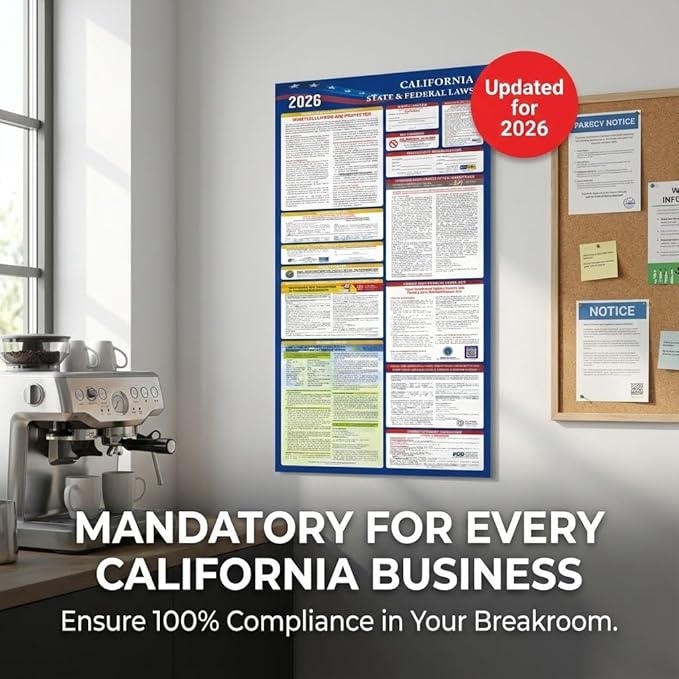 2026 California State and Federal Labor Laws Poster Set- OSHA Compliant UV Waterproof Laminated 17" x 40" English Version 2PCS Folded - All in One Compliance Posting
