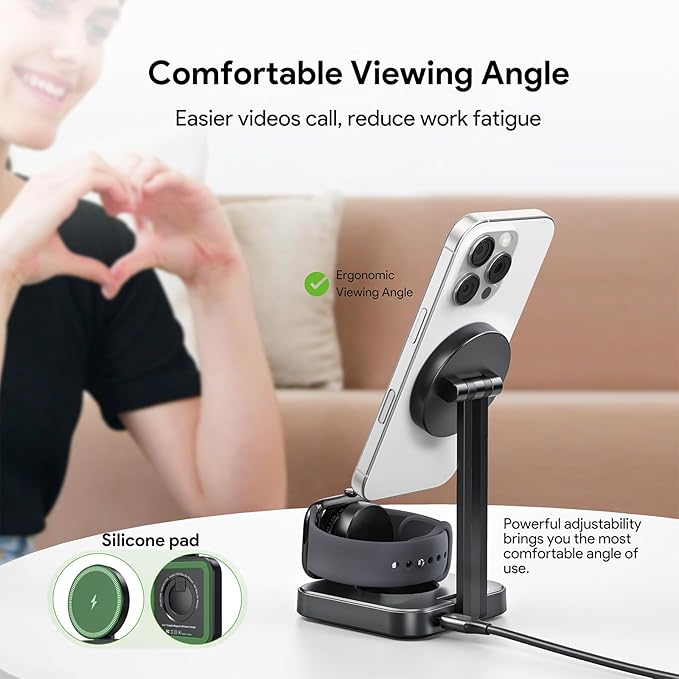 Esoulk 15W 2-in-1 Wireless Charger, Foldable Magnetic Fast Charging Station for iPhone, Apple Watch, and Smart Watch