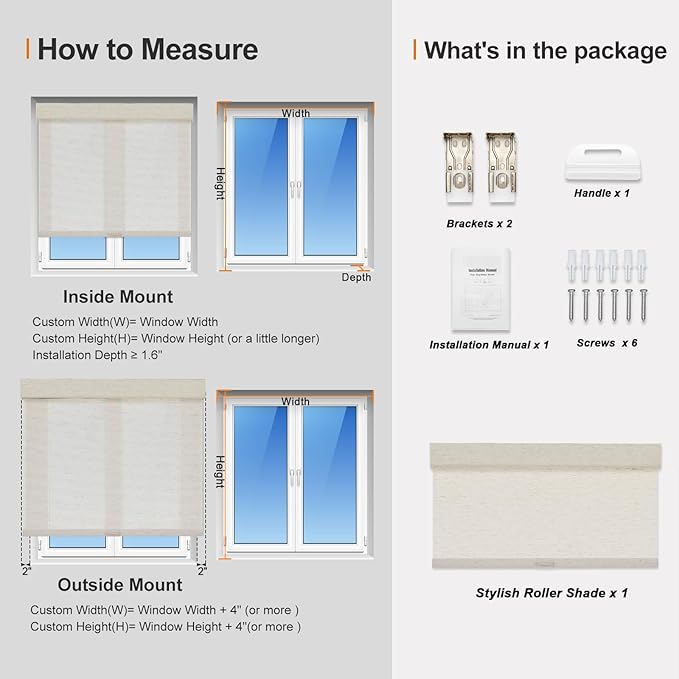 Persilux Custom Size Light Filtering Cordless Roller Blinds Natural Woven Stripes Fabric Thermal Insulation Privacy Roller Shades for Home,Office,Bedroom,Cream Color