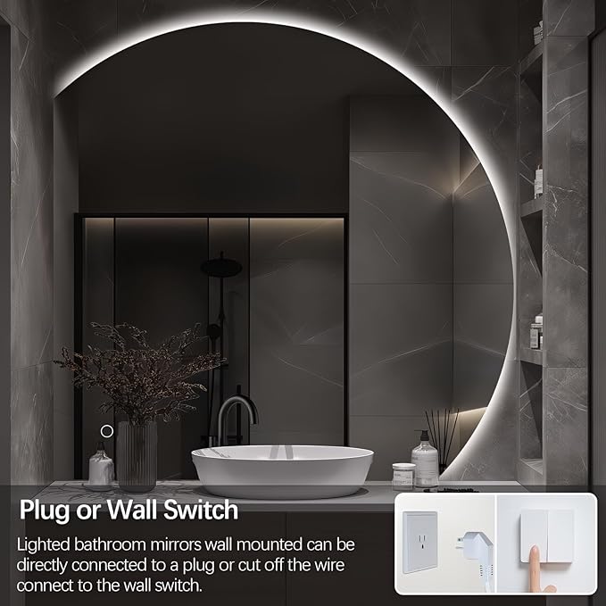 Niccy Half Moon LED Mirror for Bathroom, 48" Semi Backlit Mirror Frameless Makeup Mirror with Light, Anti-Fog, Shatter-Proof, 3 Colors, Smart Vanity Mirror