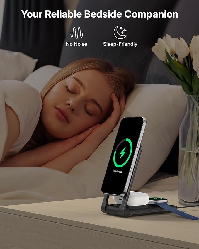 3 in 1 Charging Station for Apple Devices, Magnetic Wireless Charger Stand, 15W Foldable Travel Charging Dock for iPhone 17 16 15 14 13 12 Pro Max Plus Air & Apple Watch & AirPods 4 3 2 Pro, Black